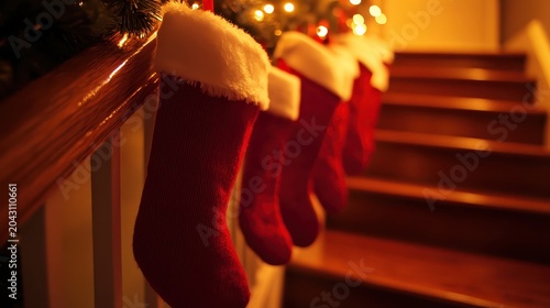 Four Red Christmas Stockings With White Trim Hung On A Staircase Banister With Soft Lights And Blurred Festive Background