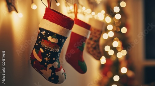 Four Festive Christmas Stockings Hanging with Soft Warm Lighting and Blurry Bokeh Lights