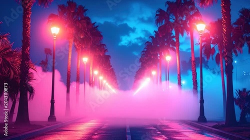 Road with palm trees and streetlights, immersed in pink and blue vapor