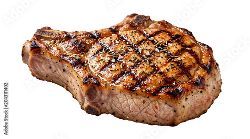 Pork chop seasoned and seared on a grill shows dark crosshatch marks across its juicy surface.