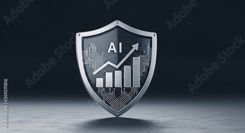 Futuristic metal shield with artificial intelligence text and financial growth chart