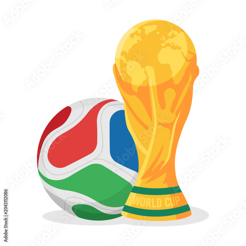 Golden World Cup Trophy and Soccer Ball Vector Illustration Isolated on White Background