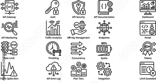 Canvastavla Black line vector icon set of API management backend programming tools and cloud