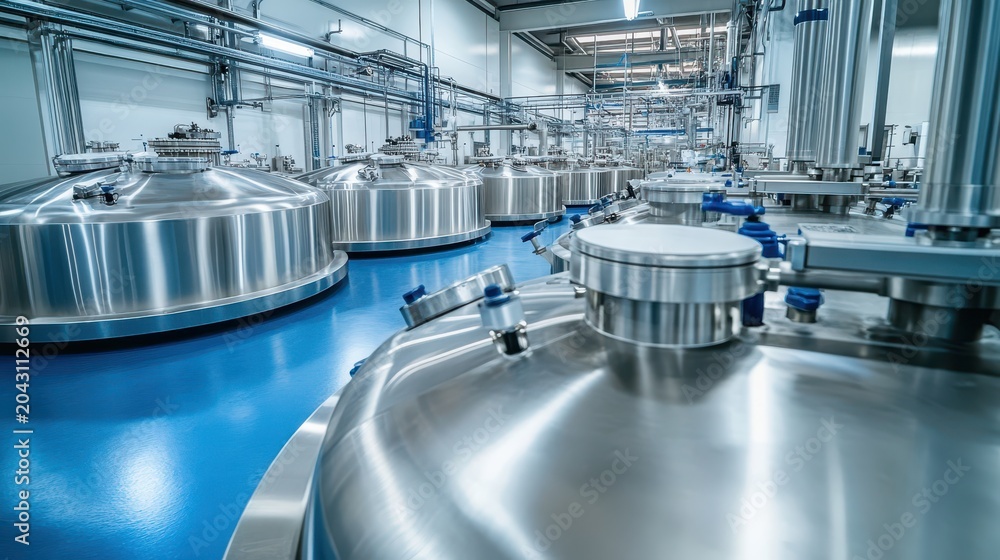 Obraz premium Intricate industrial processing equipment in a large-scale manufacturing facility with advanced stainless steel tanks and piping systems.