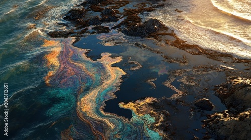 Iridescent oil spill washes onto a rocky coastal shoreline reflecting warm sunset light as gentle waves roll over the rocks.