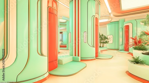 Colorful pastel corridor with arched doorways in modern minimalist interior design