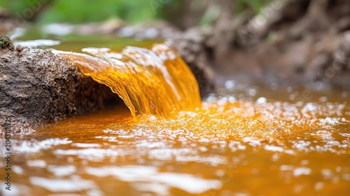 Polluted orange water flowing from a discharge pipe into a natural stream, highlighting environmental contamination