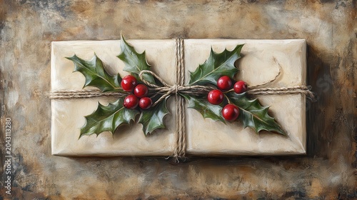 Rustic Christmas Gift Wrapping with Natural Twine and Holly Berries, Featuring Soft Shadows and a Symmetrical Composition