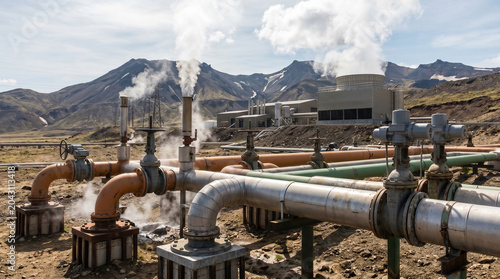 Geothermal power plant with steam rising against a mountainous landscape