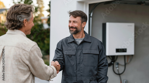 Technician shakes hands with homeowner beside an installed wall heating unit in a residential garage.