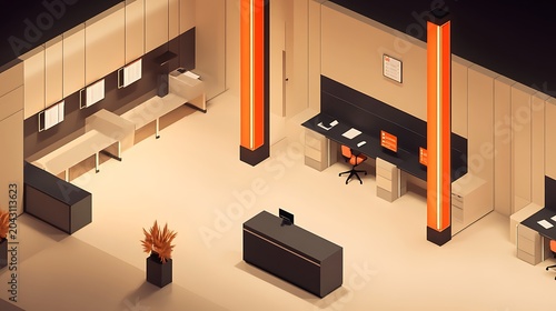 Isometric Minimalist Office Interior with Modern Furniture and Warm Lighting
