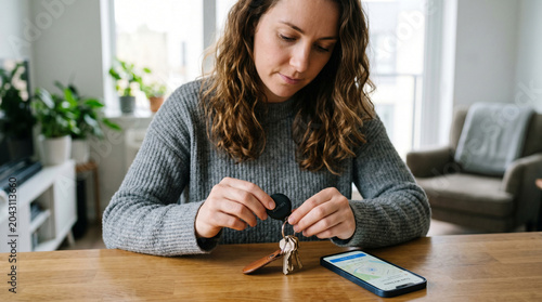Woman using smartphone app to track keys with Bluetooth locator tag