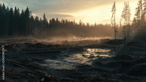 Misty deforestation scene at dawn with muddy terrain and a distant forest line