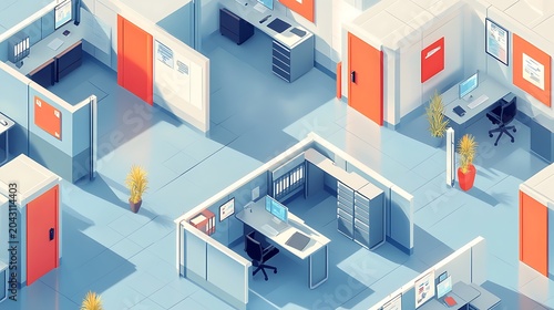 Isometric modern office workspace with modular furniture and collaborative design in bright minimalist style