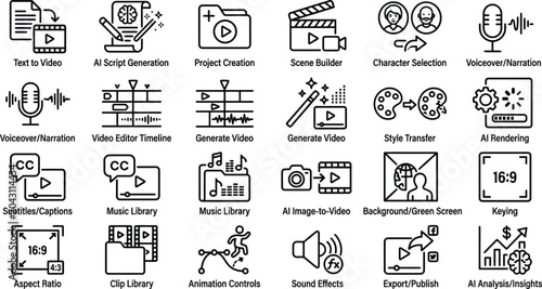 Schilderij op canvas Black line vector icon set of AI video generation and media production featuring