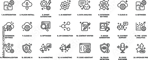 Black line vector icon set of AI plugin integration and software milestones featuring numbered text labels and artificial intelligence application symbols