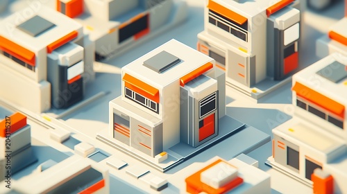Isometric modular office cluster with white and orange workstations in bright modern workspace