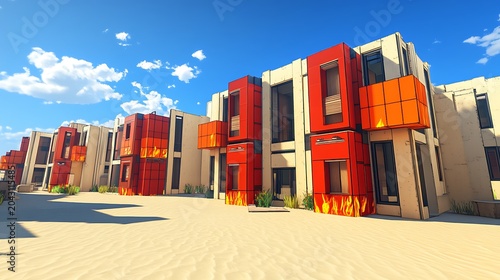 Stacked colorful shipping containers in desert industrial yard under bright sunlight