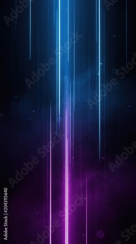 Vertical neon light beams in blue and purple on a dark background create a futuristic, digital ambiance.