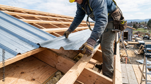 Construction Worker Installing Metal Roofing Panels on a New Home Build
