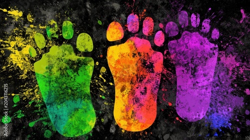 Vibrant Ecological Footprints Representing Environmental Impact and Sustainability on a Dark Textured Background