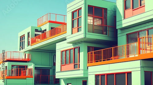 Modern stacked modular office buildings with colorful balconies in urban setting