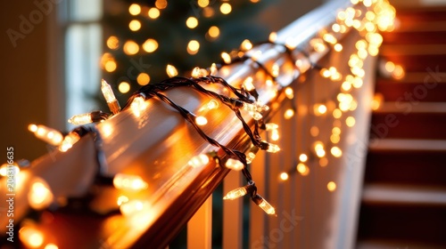 Warm Glowing Christmas Lights Wrapped Around an Indoor Banister Creating a Cozy Festive Atmosphere