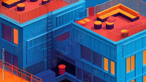Isometric 3D illustration of modern urban office buildings at sunset with warm lighting