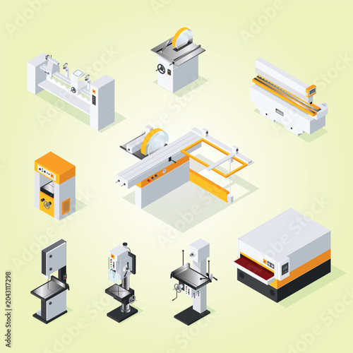 Modern woodworking machinery isometric set material instrument cutting plank robot efficiency occupation steel warehouse plywood turning workspace craftsmanship grinding productivity