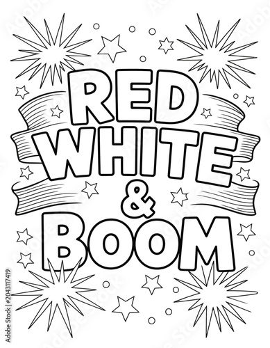A festive black and white design featuring the words 'Red White & Boom' surrounded by stars and bursts.