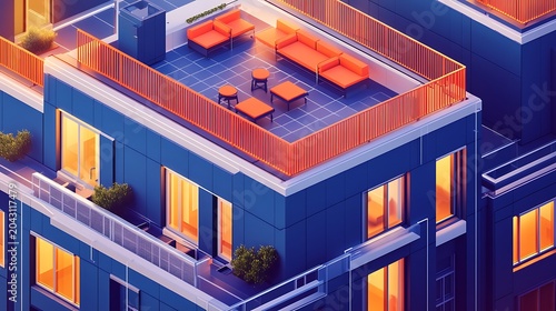Modern rooftop workspace with warm lighting at dusk in urban setting