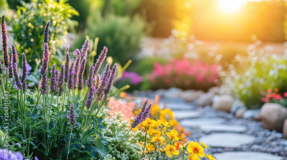 Obraz premium Vibrant Wildflowers and Lush Garden in Bloom Bathed in Warm Golden Hour Sunlight Creating a Breathtaking Natural Scene