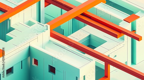 Modern modular architecture with geometric shapes and vibrant orange accents in urban design