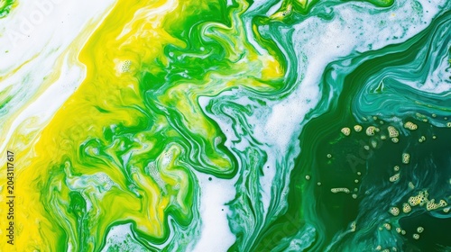 Vibrant toxic algae bloom forming a dense green and yellow layer on a polluted pond surface