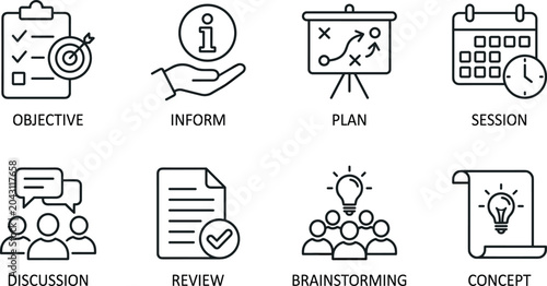 Schilderij op canvas Vector icon set depicting various office tasks and professional workflow planning for modern team operations
