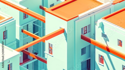 Modern geometric building facades with vibrant orange and teal accents in urban architecture design