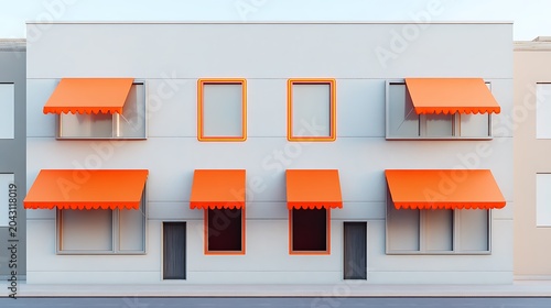 Modern apartment building facade with bright orange awnings in urban setting minimalist design