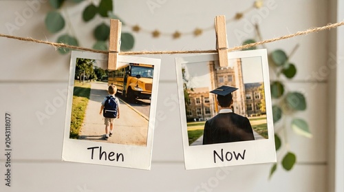 Hanging Then Now Wall Photos clipped to a string showing childhood and commencement milestones.