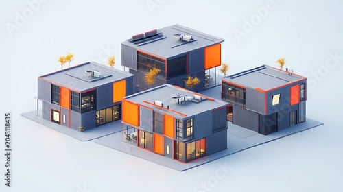 Modern modular office buildings with glass facades in urban business district 3D render