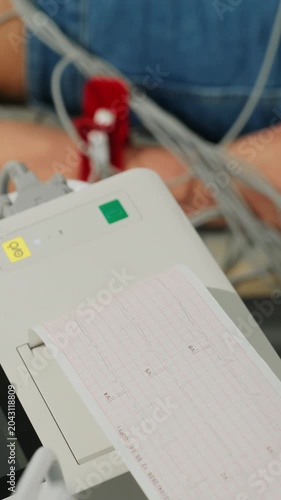 Experienced cardiologist gently pulls cardiogram paper. Professional physician extracts cardiogram results from device. Vertical video