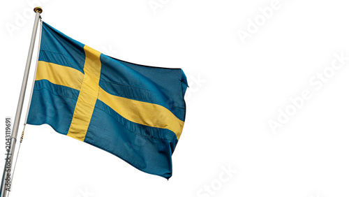 Photography National flag of Sweden waving on a metallic silver flagpole isolated on transpa