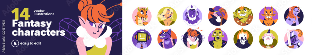 Fototapeta premium Fantasy characters avatars set. Funny faces of different fairytale creatures in circle shape. Portraits of dragon, knight, elf, wizard for profiles in game. Flat isolated vector illustrations on white