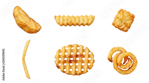 Photography Collection of diverse french fry styles including wedges, crinkle, waffle, and curly