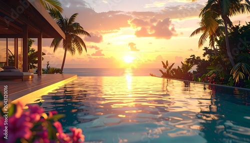 A serene infinity pool overlooking a vibrant tropical sunset