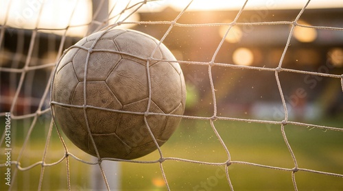 Soccer ball hitting the goal net at sunset