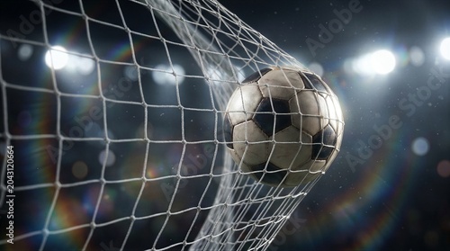 Soccer ball hitting the goal net in stadium