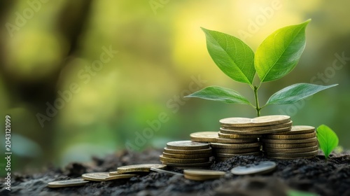 Green sprout emerging from stacks of coins on soil, symbolizing financial growth and investment success.