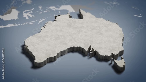 World map animation Birds eye view above Australia, Australian, Sydney, Oceania with highlighted country borders. Cinematic 3d world map animation highlights aerial views, 4k Video