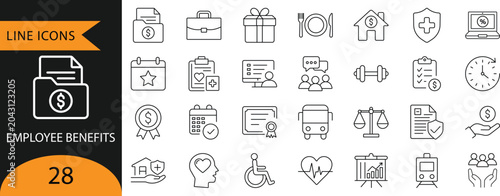 Foto Employee Benefits, Compensation, Health Insurance and Perks Line Icons