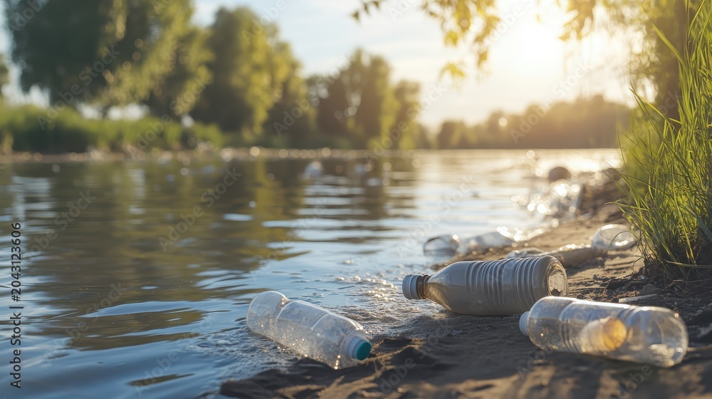 Obraz premium Plastic bottle pollution floating near the tranquil shore of a quiet lake, highlighting environmental degradation